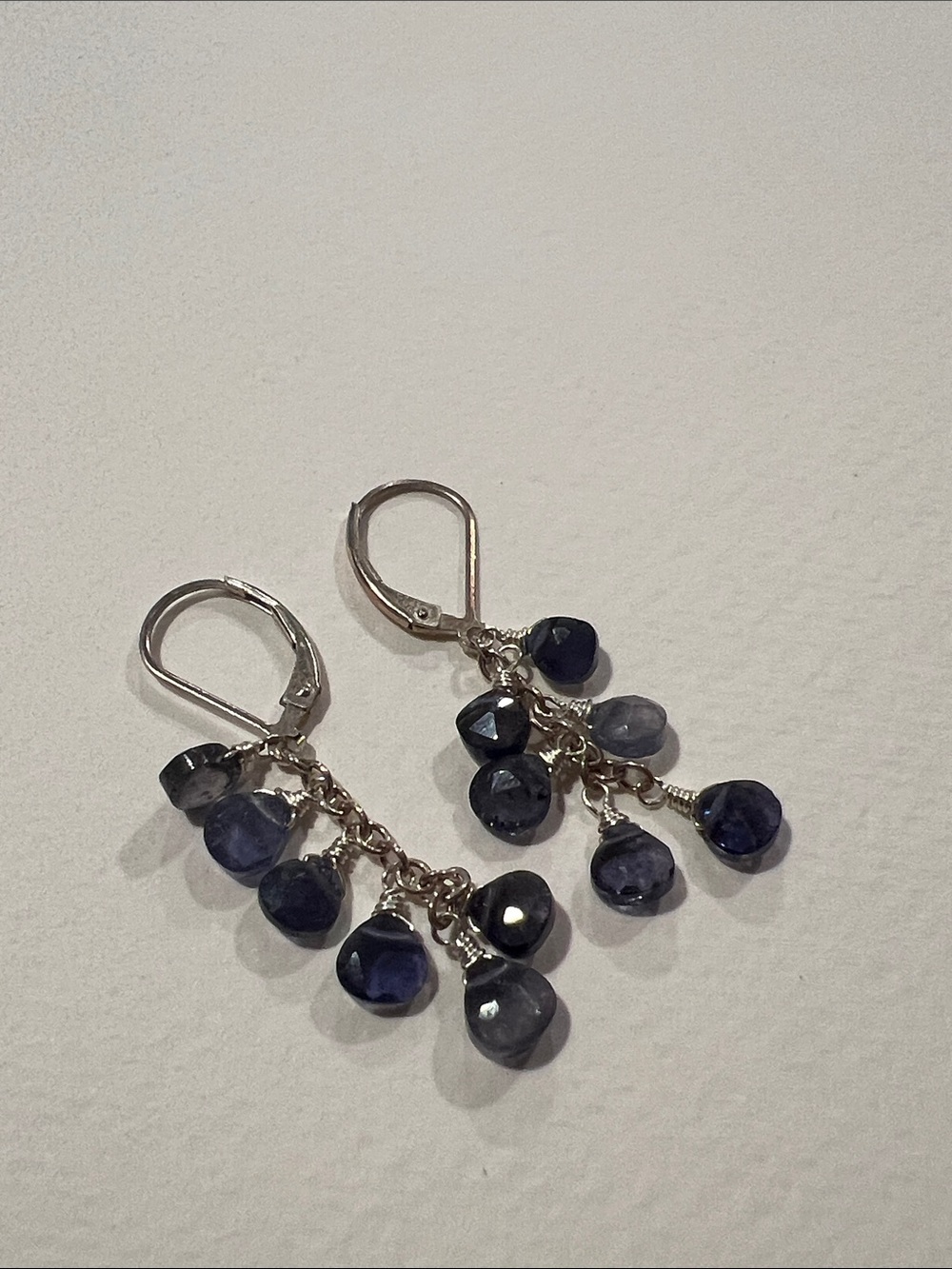 Sterling Silver Leverback Earrings with Indigo Gem Dangles